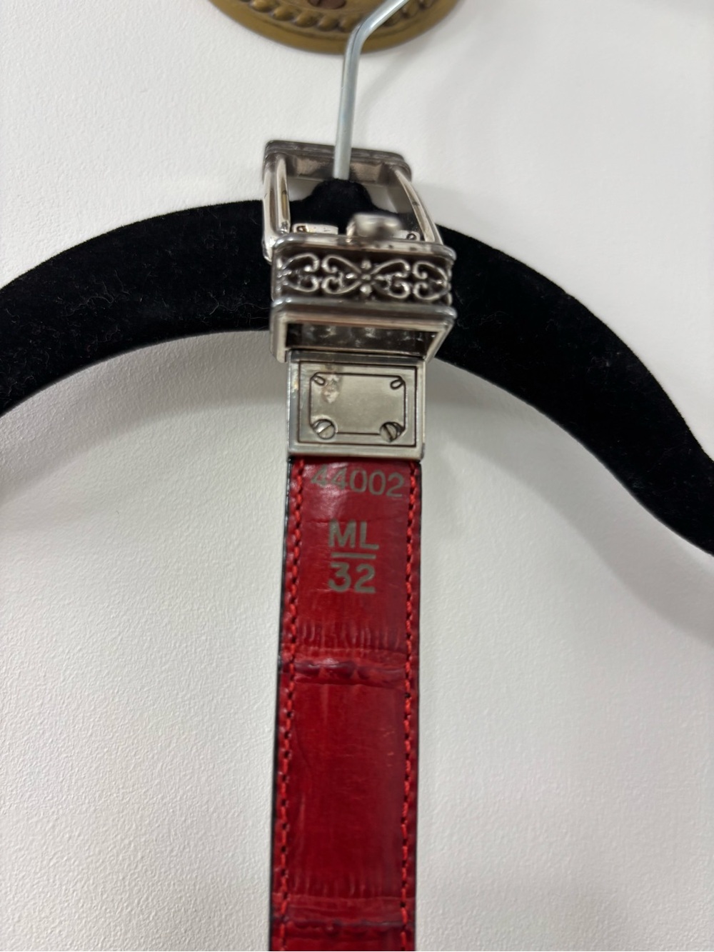 women’s Red or Black Reversible Leather Belt with Ornate Silver Buckle